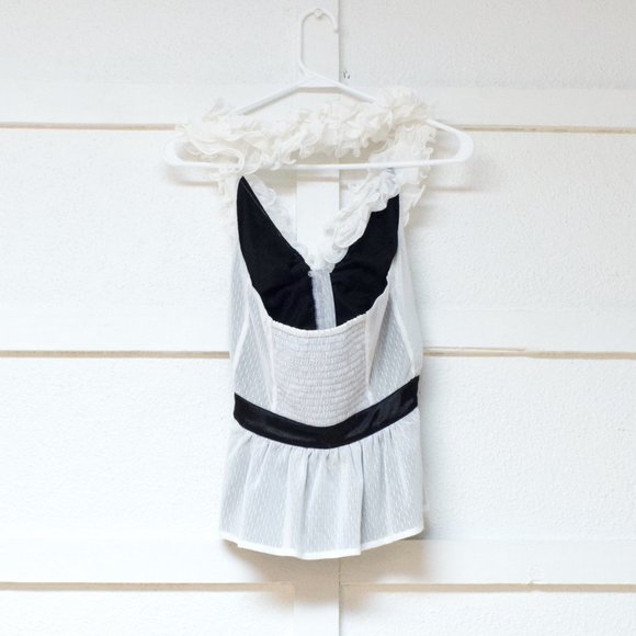 BEBE Farrah White Mesh Ruffle V-neck Swiss Dot Lace Halter Tank Top | Size XS - Picture 3 of 8